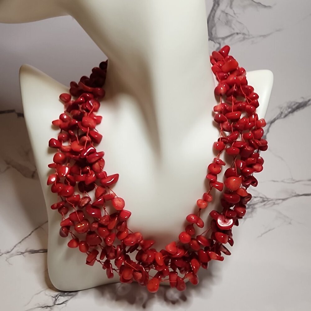 Multi-Strand Red Coral Chips Necklace - Picture 4 of 6